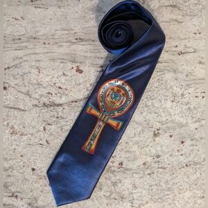 Ankh Key Of Life Vtg Rare Regency France Silk 4" Wide Necktie Blue Egyptian EUC